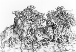 マウントされたトランペット奏者のグループ、「マクシミリアンの凱旋行列」、1516〜18年 作： Hans Burgkmair